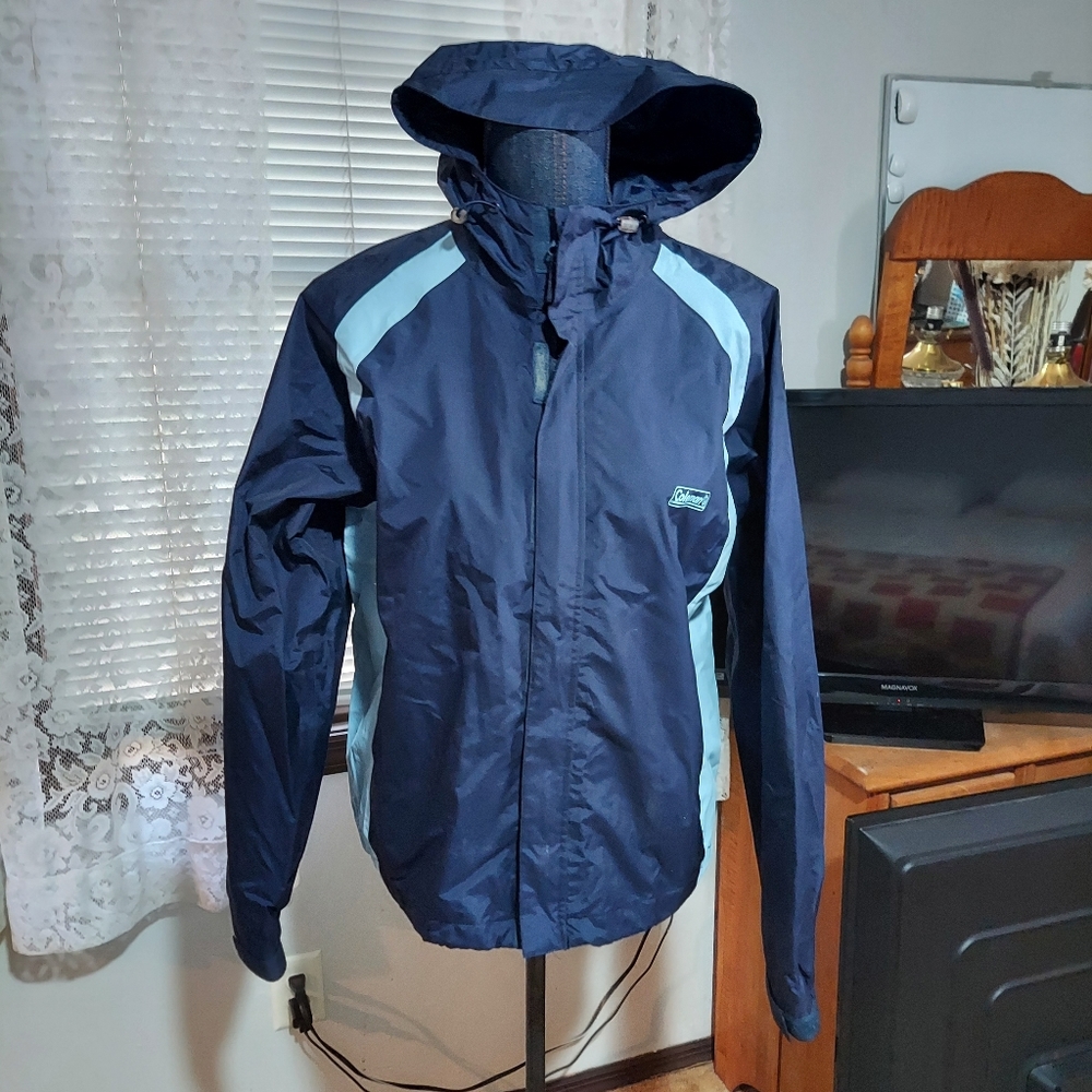 Coleman Windbreaker Rain Jacket Navy Blue Nylon Full Zip Women's Size SMALL